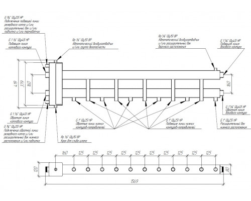 Балансировочный коллектор BMSS-150-6D (5 контуров G 1″, боковой контур)G 1½″