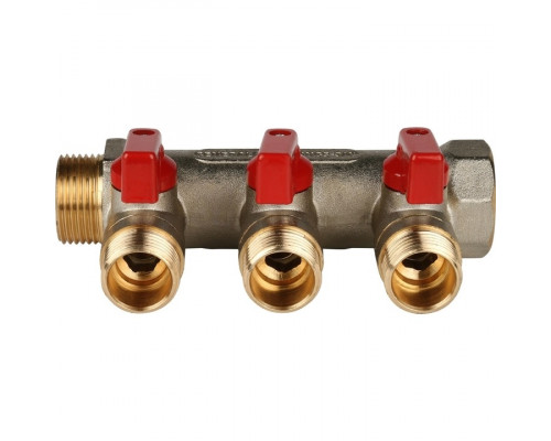 Коллектор с шаровыми кранами 3/4", 3 отвода 1/2" (красные ручки)
