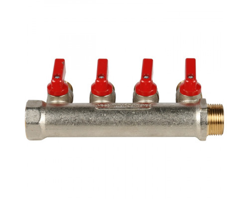 Коллектор с шаровыми кранами 3/4", 4 отвода 1/2" (красные ручки)