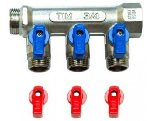 Коллектор с шаровыми кранами 3/4" х 1/2ш - 3 вых., никели, красн + син ручки