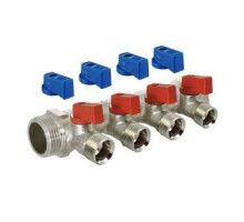 Коллектор с шаровыми кранами 3/4" х 1/2ш - 4 вых., никели, красн + син ручки