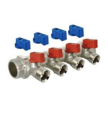 Коллектор с шаровыми кранами 3/4" х 1/2ш - 4 вых., никели, красн + син ручки