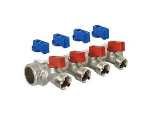 Коллектор с шаровыми кранами 3/4" х 1/2ш - 4 вых., никели, красн + син ручки