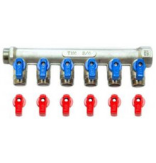 Коллектор с шаровыми кранами 3/4" х 1/2ш - 6 вых., никели красн + син ручки